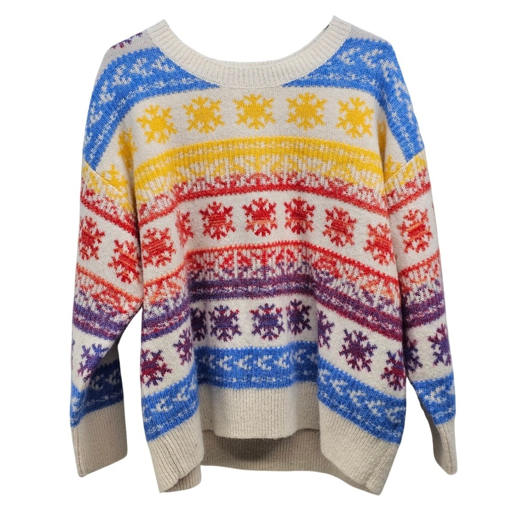 Old Navy Womens 2X Rainbow Fair Isle Snowflake Knit Crewneck Sweater Cream Multi